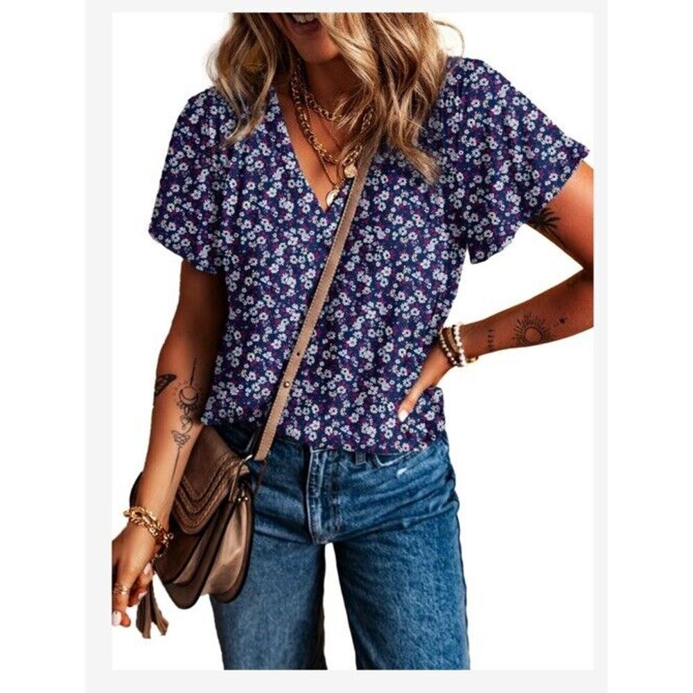 EVALESS Womens Summer Tops Sexy V-Neck Floral Print Flutter Short Sleeve Sz M